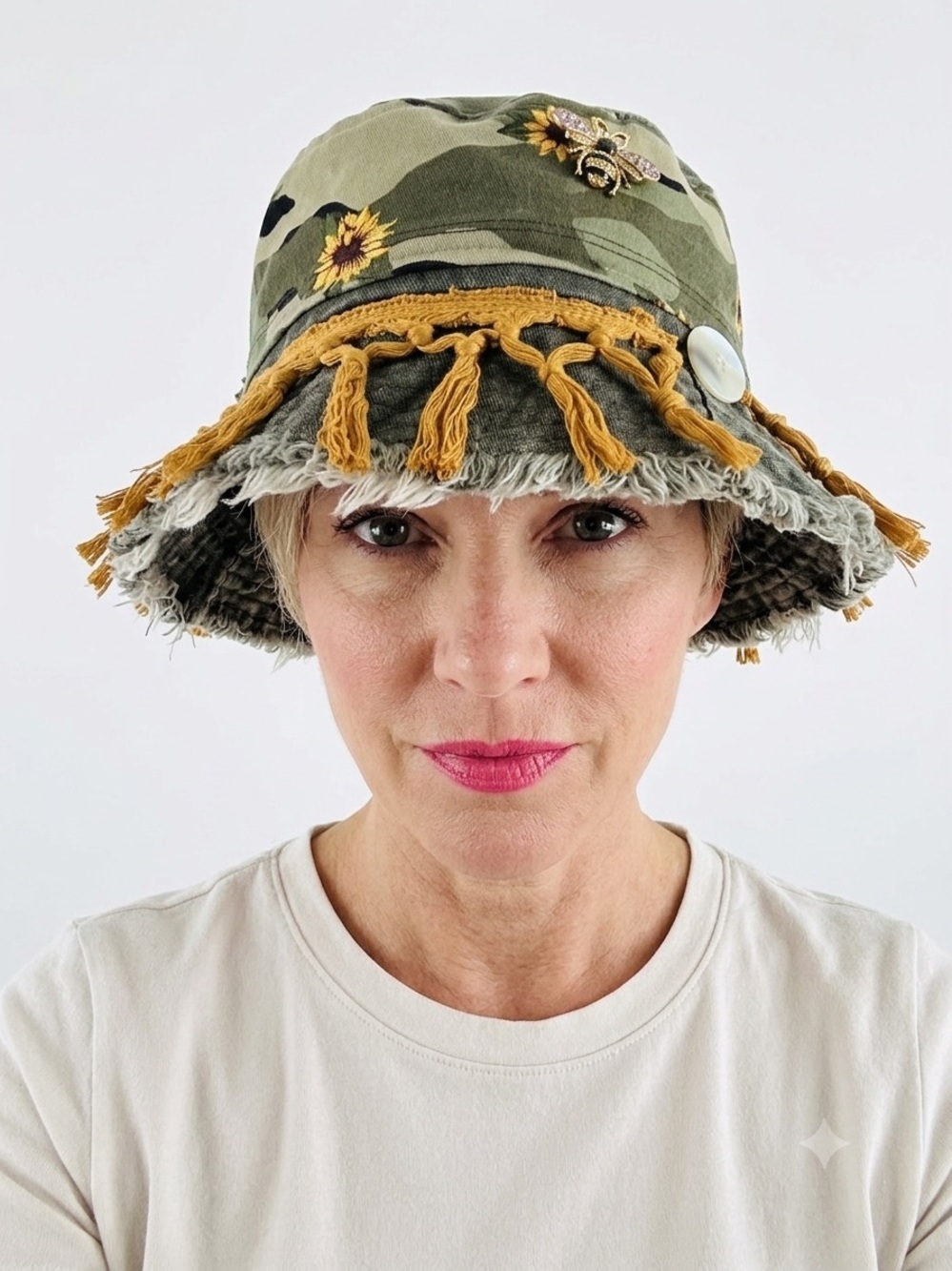 Green Wash Cotton Bucket Hat Camo Sunflower Fringed New OS